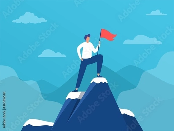 Fototapeta Man standing on top of mountain with flag,  sucess leadership, vector illustration concept, Business man reach goal,  can be used for landing page, template, ui, web, homepage, poster, banner, flyer