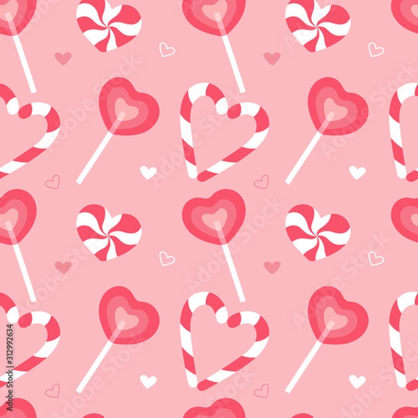 Fototapeta Sweet seamless pattern. Wrapping paper pink caramel candy cane. Party celebration background template design. Cloth textile creative modern concept. Fabric, wallpaper.