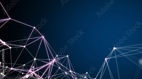 Fototapeta Technology network and communication with line and dot moving with transfer information data line and dot on blue background. Network background science concept.