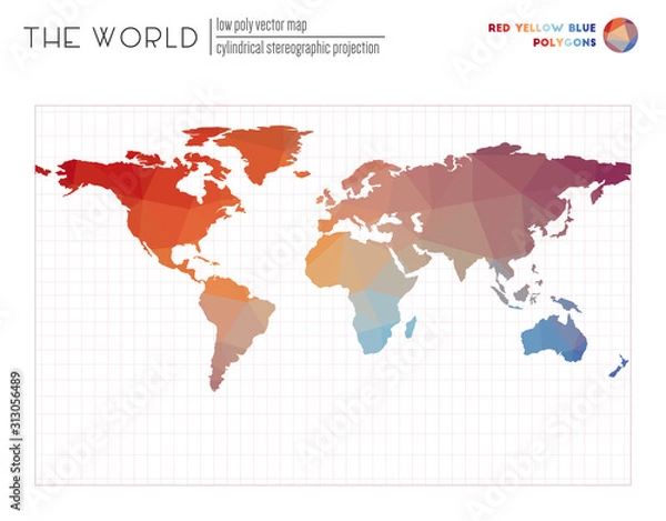 Fototapeta Abstract world map. Cylindrical stereographic projection of the world. Red, Yellow, and Blue colored polygons. Elegant vector illustration.