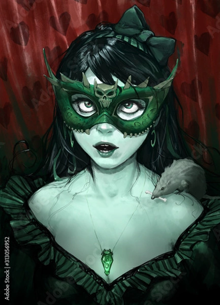 Fototapeta Original dark fantasy portrait of an evil beautiful vampire character girl wearing green mask, with a rat sitting on her shoulder