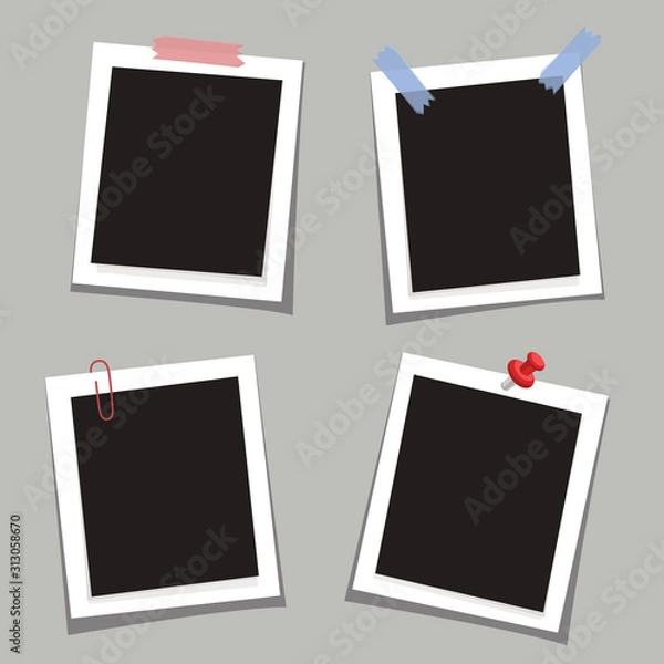 Fototapeta Photo square frames with pin and clip on grey background.