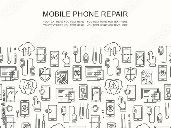 Fototapeta Mobile repair service, phone fix pattern with place for text. Smartphone common issues, repair, accessories background. Mobile service thin line flyer. Electronic equipment and technology