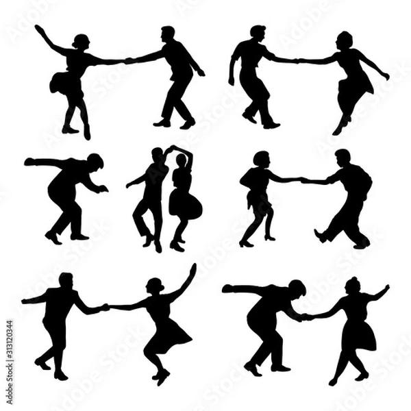 Obraz Set silhouette dancing people in a retro swing isolated. People in 40s or 50s style dancing rockabilly,charleston, jazz,lindy hop or boogie woogie. Vector human illustration in black and white colors.