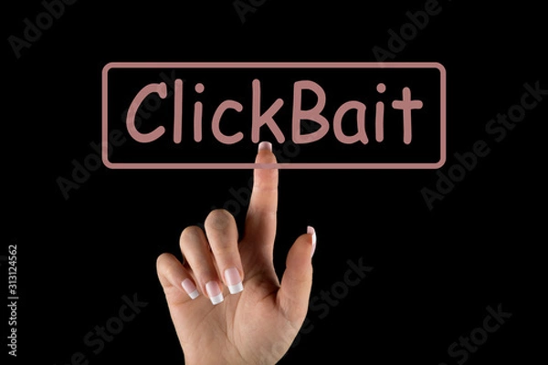 Fototapeta Clickbait, woman's hand pushing a clickbait button