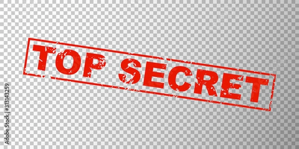 Fototapeta Top secret red square grunge stamp on transparent grid background. Private concept sign with text - top secret. Ink mark for secret files. Vector illustration