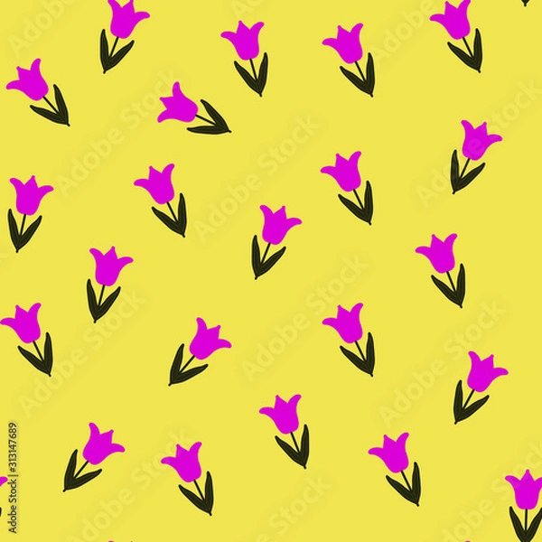 Obraz Trendy Wildflower pink tulip seamless pattern . Spring florals on Yellow  background, texture, wrapper pattern