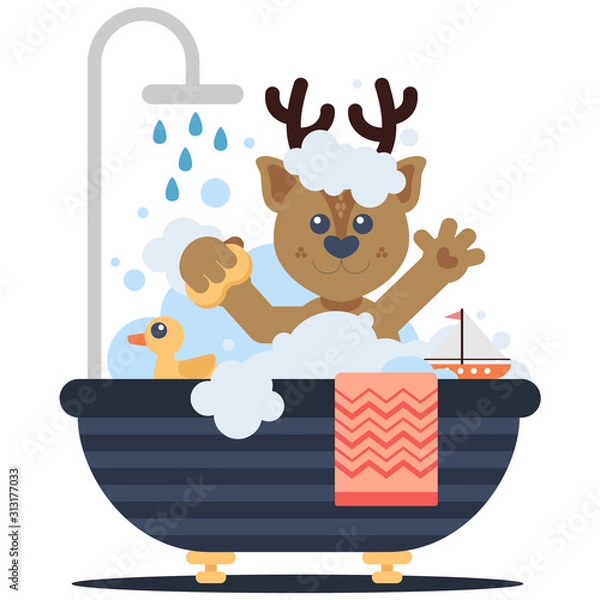 Obraz Funny deer taking a bath with a duck and boat toys. Cartoon style. Vector illustration. Flat design style.