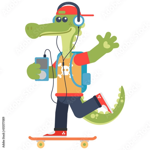 Obraz Happy crocodile on a skateboard listening rock music. Cartoon style. Vector illustration. Flat design style.