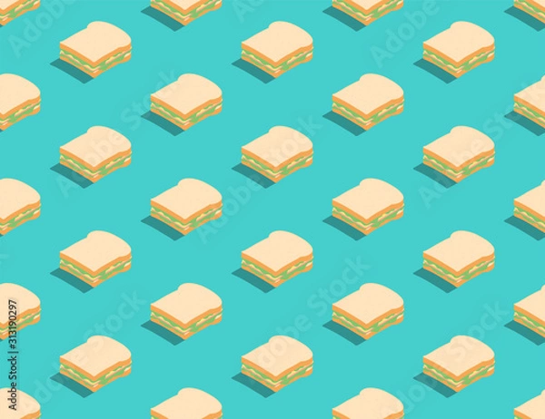 Fototapeta Sandwich 3D isometric seamless pattern, Breakfast bakery concept poster and social banner post design illustration isolated on green background with copy space, vector eps 10