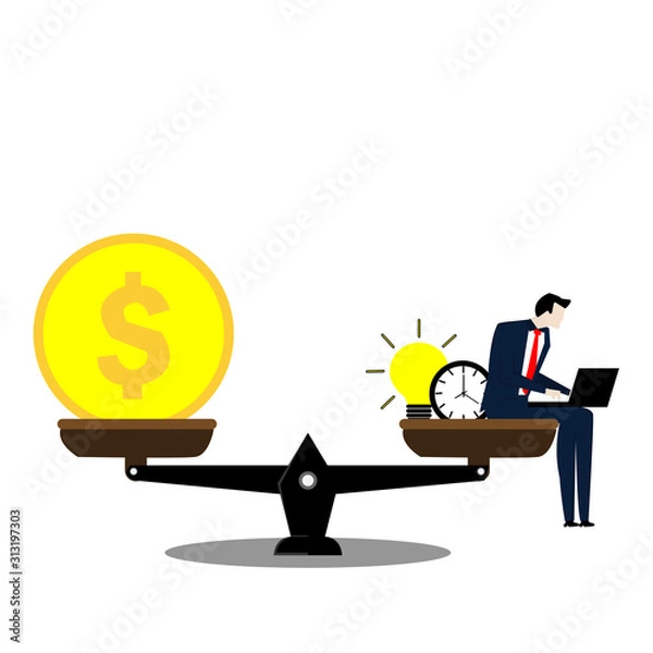 Obraz Business person connecting brain into ideas.Scale balance of time is money Concept business vector illustration