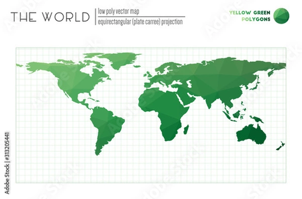 Fototapeta Abstract world map. Equirectangular (plate carree) projection of the world. Yellow-green colored polygons. Awesome vector illustration.