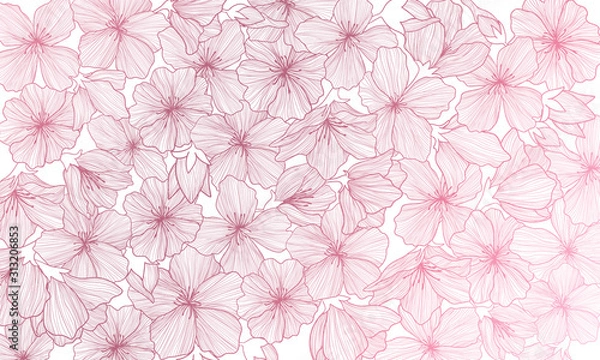 Fototapeta Vector horizontal background with line art sakura flowers. Hand drawn illustration of romantic sakura cherry blossom flower. Pink gold outline backdrop with cherry flower.