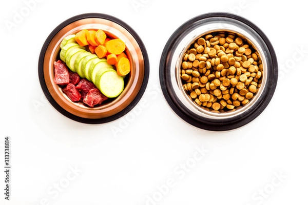 Obraz Healthy feed for cats and dogs. Bowls full of dry feed, meat and vegetables on white background top-down copy space