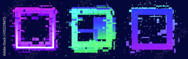 Fototapeta Set of glitched square frames for banner, poster, cover design in Vaporwave and Synthwave retrofuturistic 80's-90's style. 