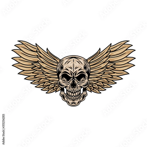 Fototapeta Vintage cartoon winged skulls isolated retro vector illustration on a white background. Great design for any purposes.