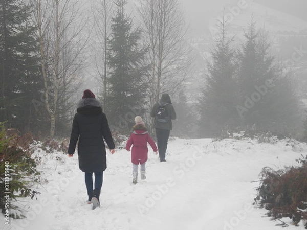 Obraz family of three walk along a trail in a forest covered in fog