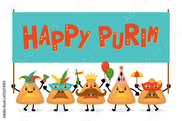 Obraz Purim holiday banner design with hamantaschen cookies funny cartoon characters.