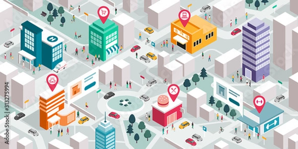 Fototapeta Izometryczna mapa miasta z ludźmi, budynkami i wskazówkami