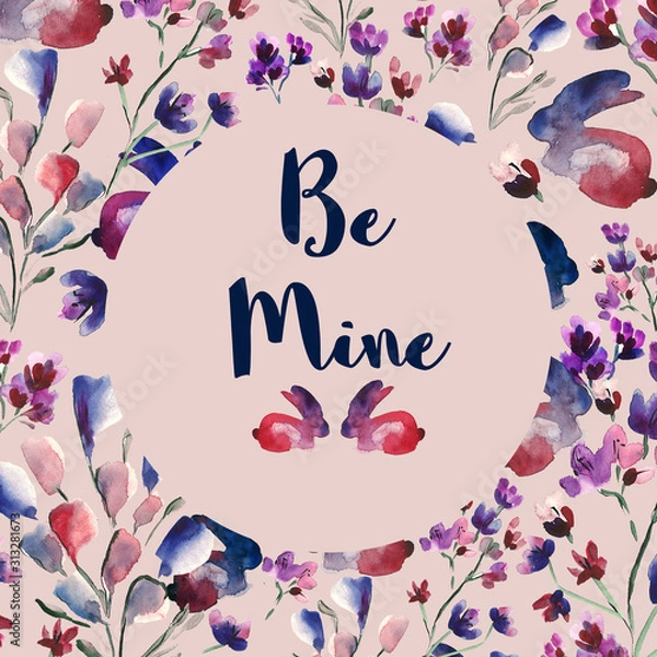 Obraz A Valentine's day postcard with a pattern of watercolor bunnies and florals and a phrase Be Mine in a pink circle and two bunnies in the center