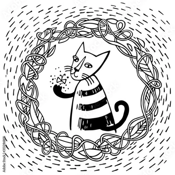 Obraz Minimalistic graphics. Decorative frame of interwoven plants. Tabby cat and little moth In the center of frame.