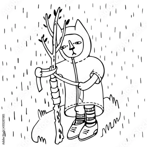 Obraz Minimalistic graphics. Furry art. Kitten bandages the trunk of a young tree. Kitten dressed in a warm coat and boots. 