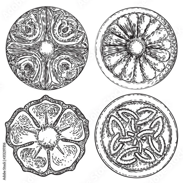 Fototapeta Set of elegant vintage circular floral ornament in classic style. Round oriental flower element for pattern. Circle stucco ceiling moulding rosette. Vector.