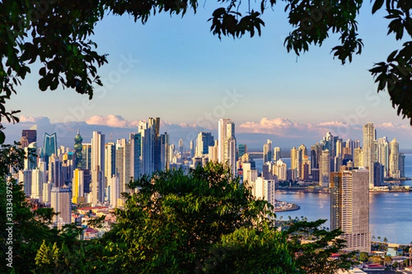 Fototapeta View of the skyline of Panama City framed by tropical rain forest