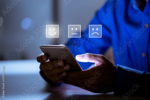 Fototapeta Business customer pressing smiley face emoticon online, Service rating, satisfaction concept.