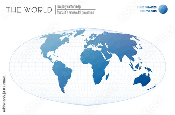 Fototapeta World map with vibrant triangles. Focault's sinusoidal projection of the world. Blue shades colored polygons. Energetic vector illustration.