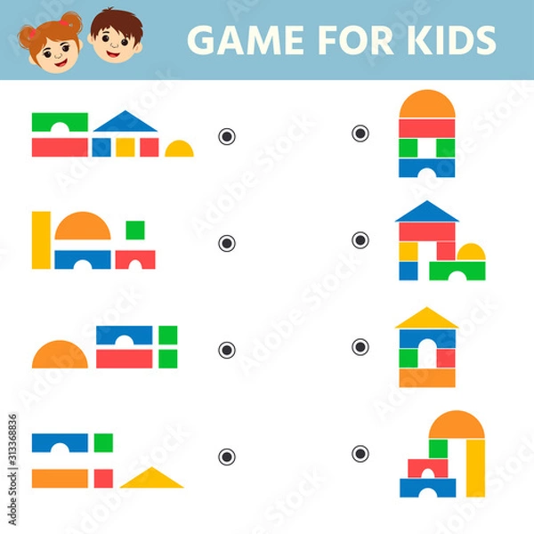 Fototapeta Education logic game for preschool kids. Kids activity sheet. Find what blocks the tower consists of. Children funny riddle entertainment. Vector illustration