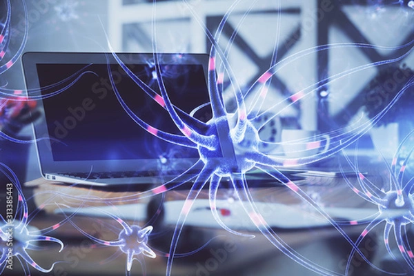Fototapeta Desktop computer background and neuron drawing. Double exposure. Education concept.