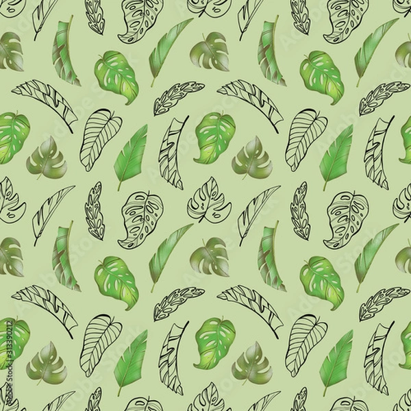 Fototapeta Digital illustration pattern creative cute green-pink tropical textural leaves. A print in a pencil style for children for fabrics, paper, invitations, cards, scrapbooking.
