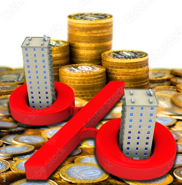 Fototapeta Interest on a mortgage. Percent symbol with residential apartment buildings on the surface of Russian coins. 3D Illustration