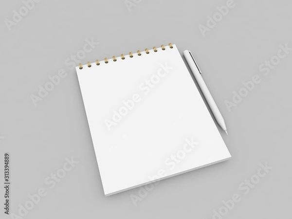 Fototapeta Blank notebook and pen on a gray background. 3d render illustration.