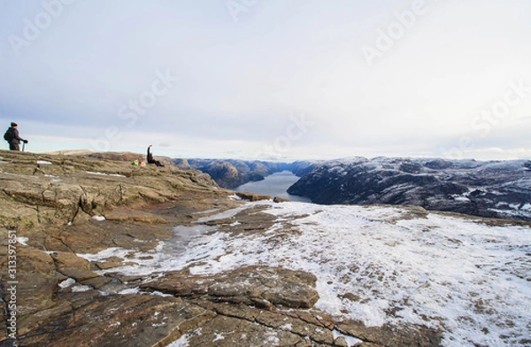 Fototapeta winter view of the preoklestolen and fjord