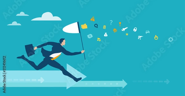 Fototapeta Businessman running with the butterfly net in hope to catch more money and better opportunity in life. Business concept illustration