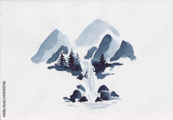 Fototapeta Stock watercolor waterfall illustration. Isolated mountains scenery with waterfall and pine trees. Can be used as isolated element or as background drawing for relaxation, meditation & restoration. 