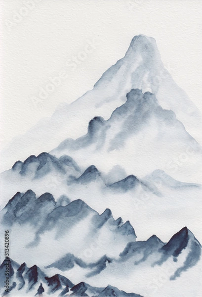 Fototapeta Watercolor painting of asian mountains. Hand drawn oriental style landscape illustration with layers of rocks. Concept for decoration, relaxation, restore, meditation background.