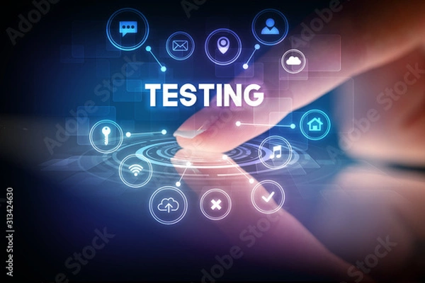 Fototapeta Finger touching tablet with web technology icons and TESTING inscription, web technology concept
