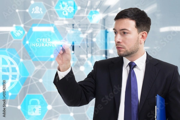 Fototapeta Business, Technology, Internet and network concept. Young businessman working on a virtual screen of the future and sees the inscription: Cyber insurance