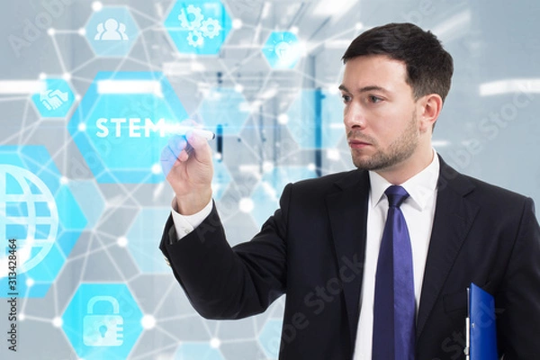 Fototapeta Business, Technology, Internet and network concept. Young businessman working on a virtual screen of the future and sees the inscription: STEM