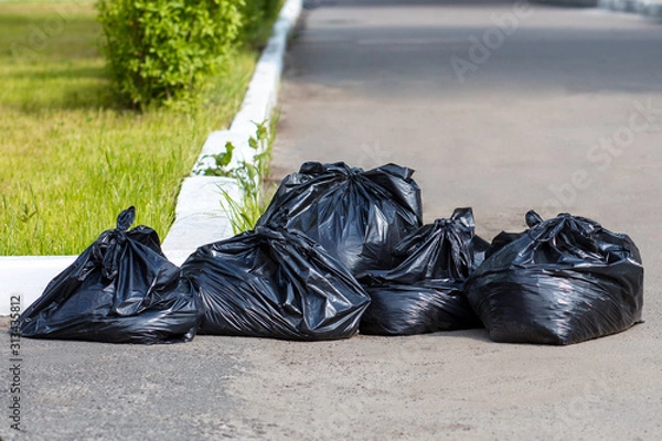 Obraz Black bags with garbage on the streets of the city