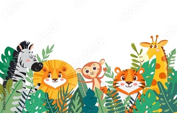 Fototapeta Wild jungle animals in tropical leaves. Leaves border with tiger and lion, zebra and giraffe, monkey. Cartoon vector illustration. Banner
