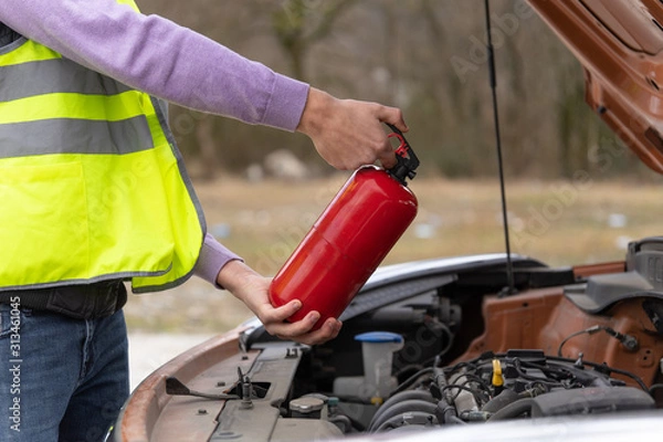 Obraz A man demonstrating how to use a fire extinguisher over a car engine