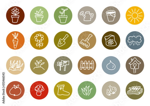 Fototapeta Set of 24 hand drawn gardening buttons and icons