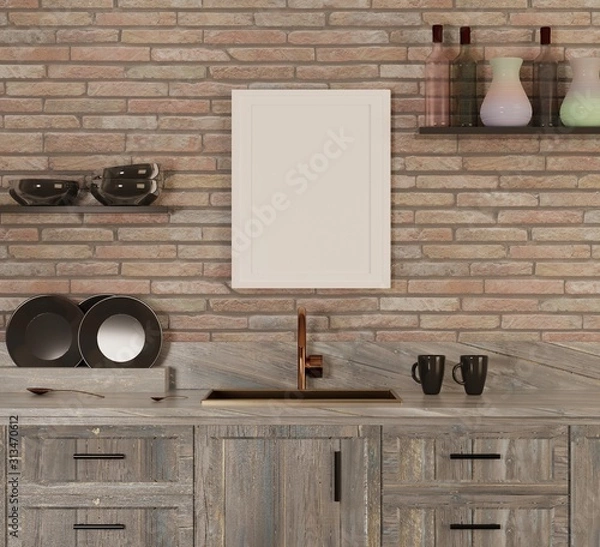 Obraz Template with an empty white frame for inscriptions and photos. Interior of kitchen with brick wall. 3D rendering. 3D illustration.