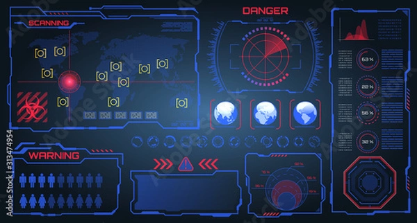 Fototapeta HUD, UI, GUI Futuristic Frames User Interface. Warning, Danger Elements. Dashboard, Scanning System
