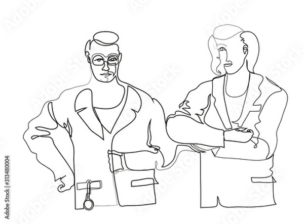 Fototapeta  One continuous line drawing of medical workers working together. Simple line art drawing two medical workers.