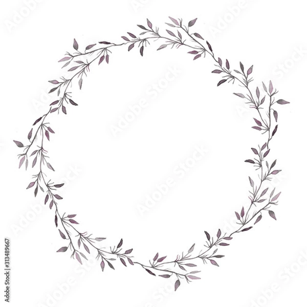 Fototapeta Hand drawn watercolor illustration. Round frame beautiful wreath with leaves, flowers, branches. Design for wedding invitations, greeting cards, save the date invitation, prints, postcards.